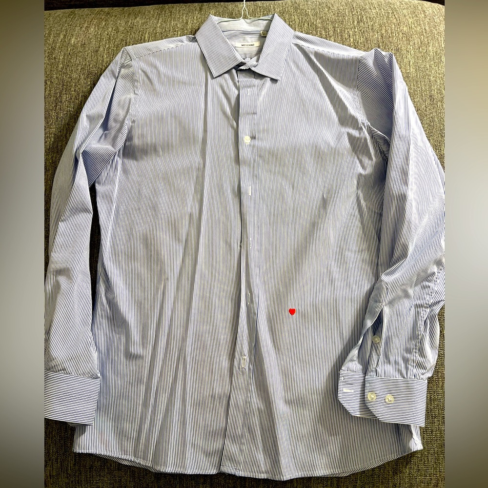 MOSCHINO blue/white striped 15.5 dress shirt. Brand new condition. Flawless!